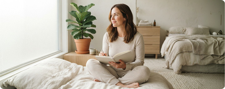 A woman in her early 30s sitting cross-legged on a bed journaling in a bright, peaceful bedroom.
