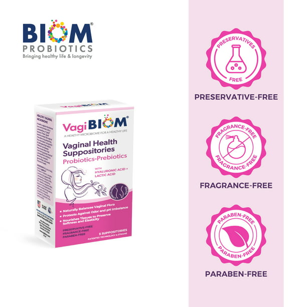 VagiBiom- Biom Probiotics Vaginal Probiotic Suppository for Women, Fragrance Free, 5 Count