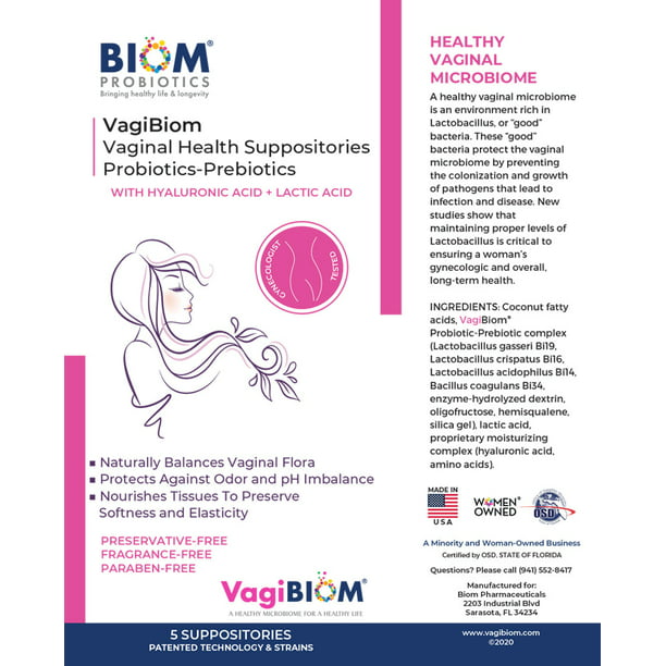 VagiBiom- Biom Probiotics Vaginal Probiotic Suppository for Women, Fragrance Free, 5 Count